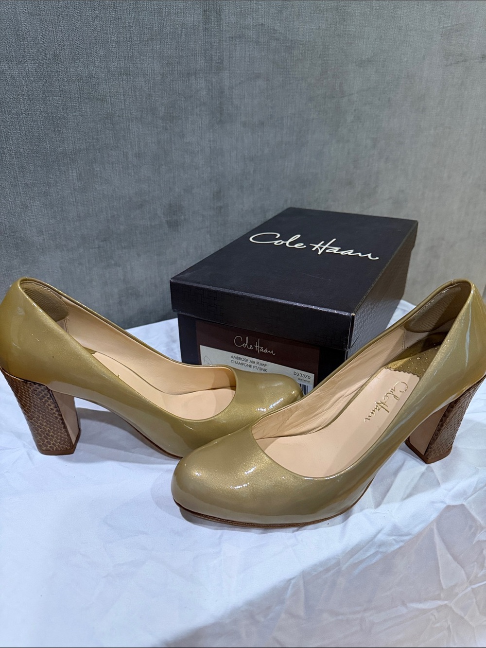 Cole Haan Ambrose Champagne Patent Pump with Snake Heel